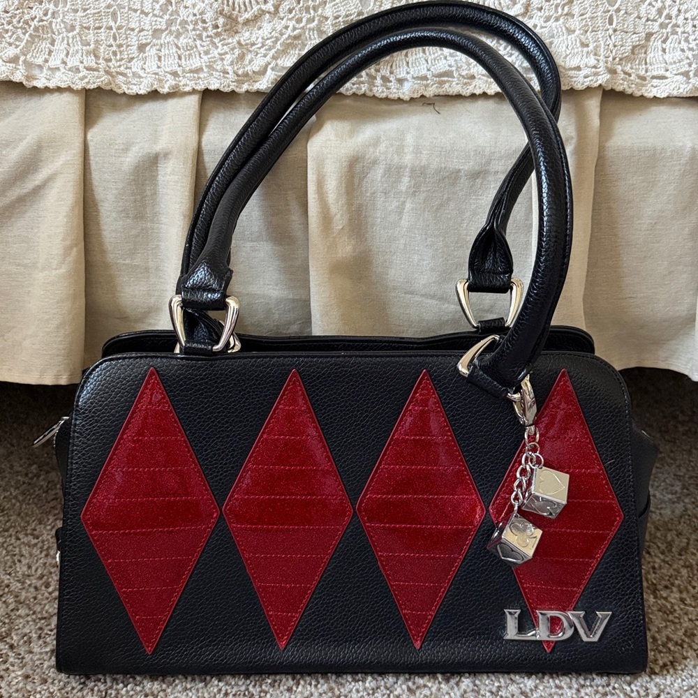 New Lux de Ville Black and Red Satchel, diamonds & dice with LDV dust bag